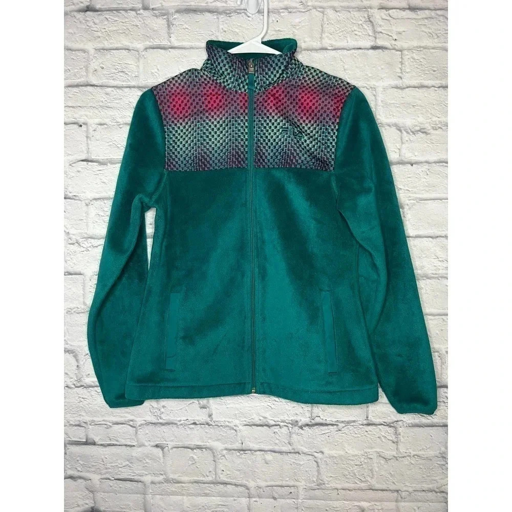 FILA Sport Fleece Faux Fur Turquoise Green Zip Up Jacket Sz XS